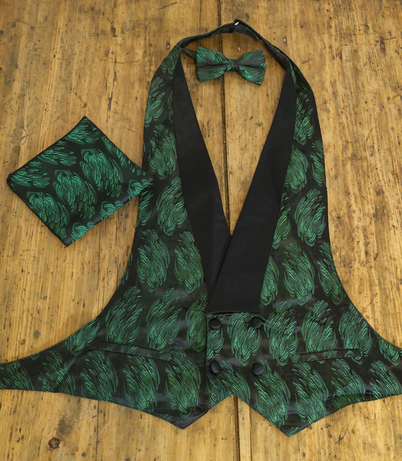 Men's Emerald Backless/Open Back Vest, Pre Tied Bow Tie, and Pocket Square