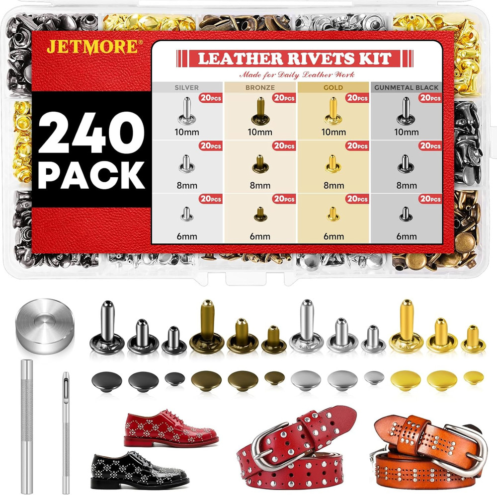 240 Sets Leather Rivets Kit, Double Cap Brass Rivets Leather Studs with 3PCS Set