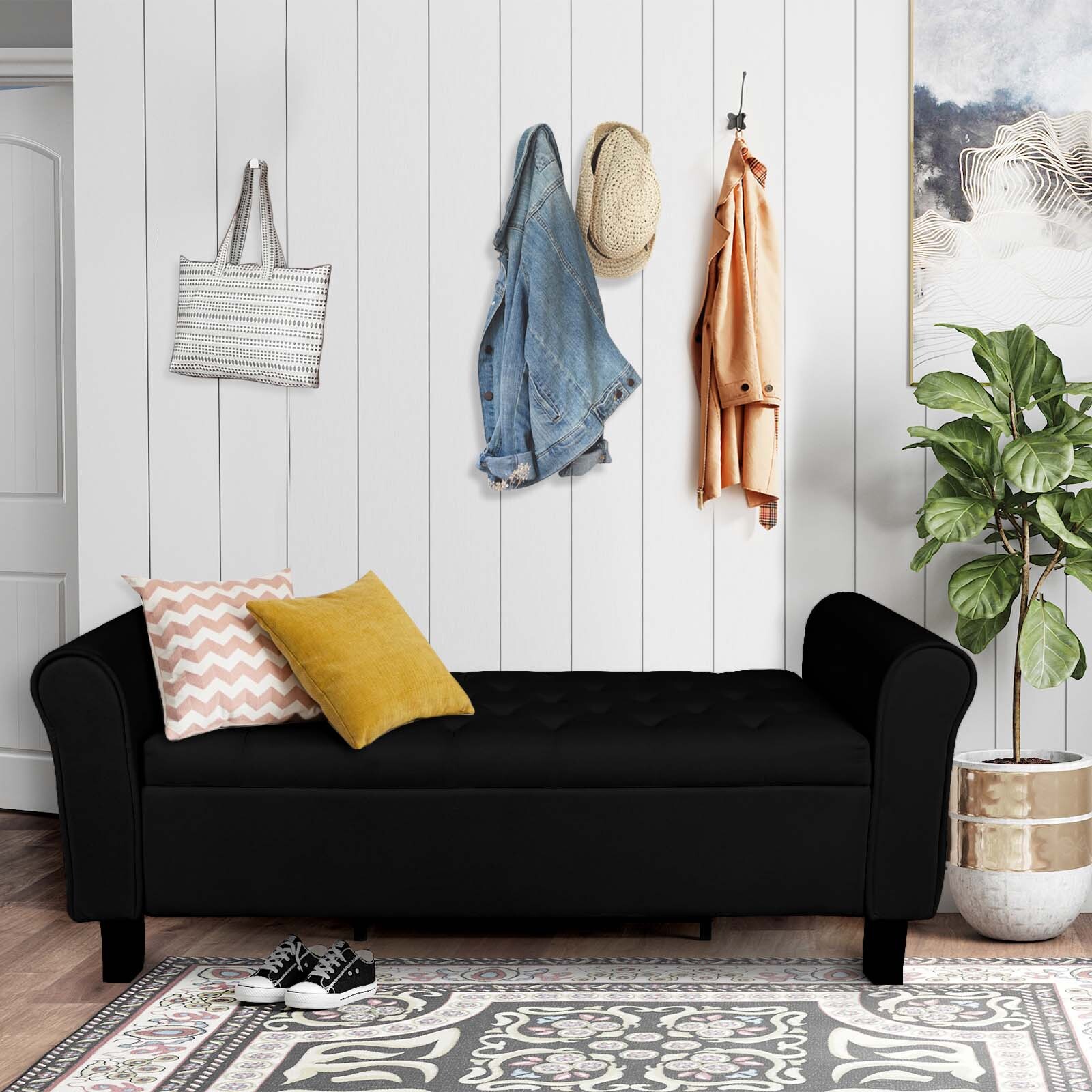 51" Velvet Storage Bench with Ottoman End of Bed Upholstered Couch Black