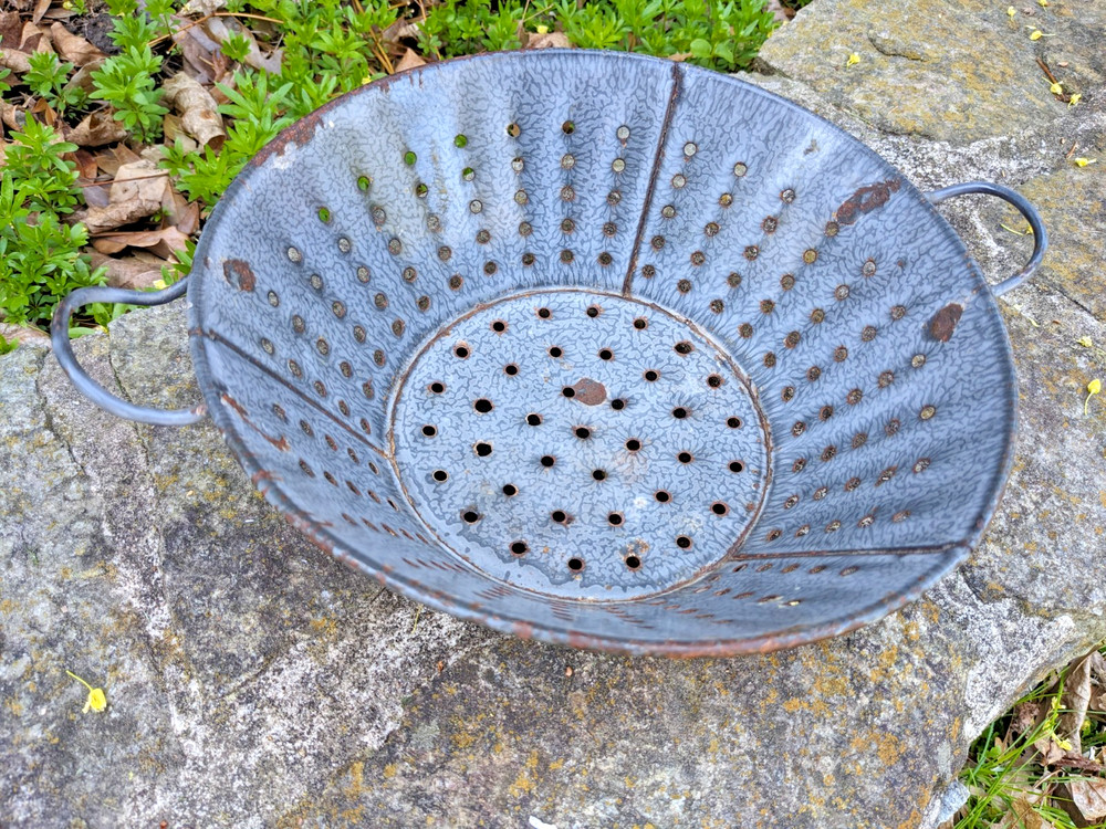 Antique Graniteware Colander Enamelware Strainer Rustic Primitive Farmhouse