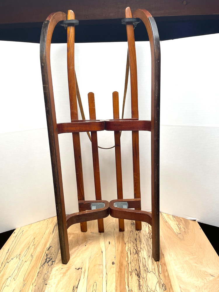 VINTAGE DUTCH WOODEN SLED BY POLYCOMB WITH LEATHER PULL