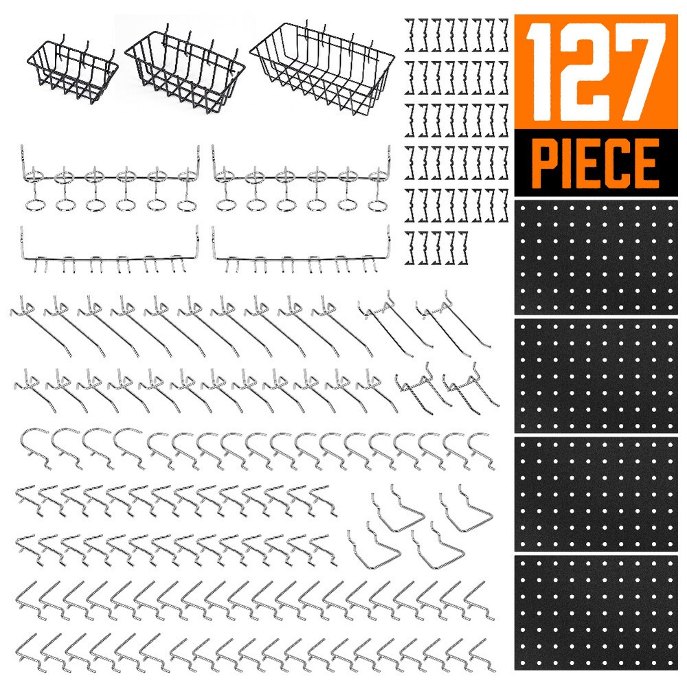 127 Pcs Pegboard Hooks Assortment (3 Baskets 4 pegboard) Organizing Tools