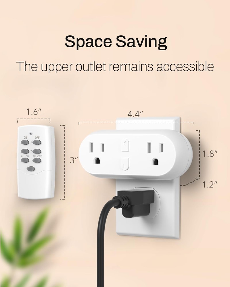 2 Pack Wireless Remote Control Outlet with 15A, Compact Design Sockets