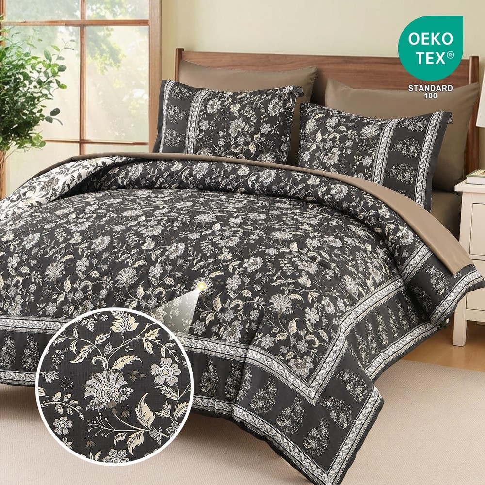 Dinjoy Comforter Set King Size Boho, Reversible Brown Gray King,