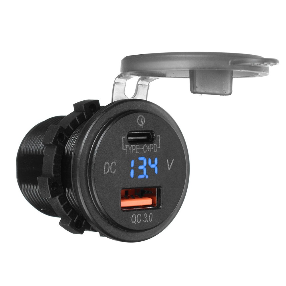 QC3.0 Dual USB Type-C Car Fast Charger Socket Power Outlet LED Digital Voltmeter
