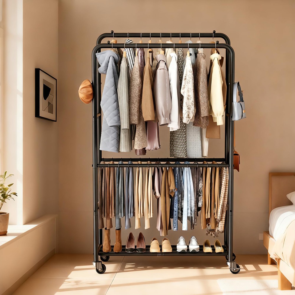 Clothes Racks for Hanging Clothes, Rolling Clothing Rack with Pants Rack, Sid...