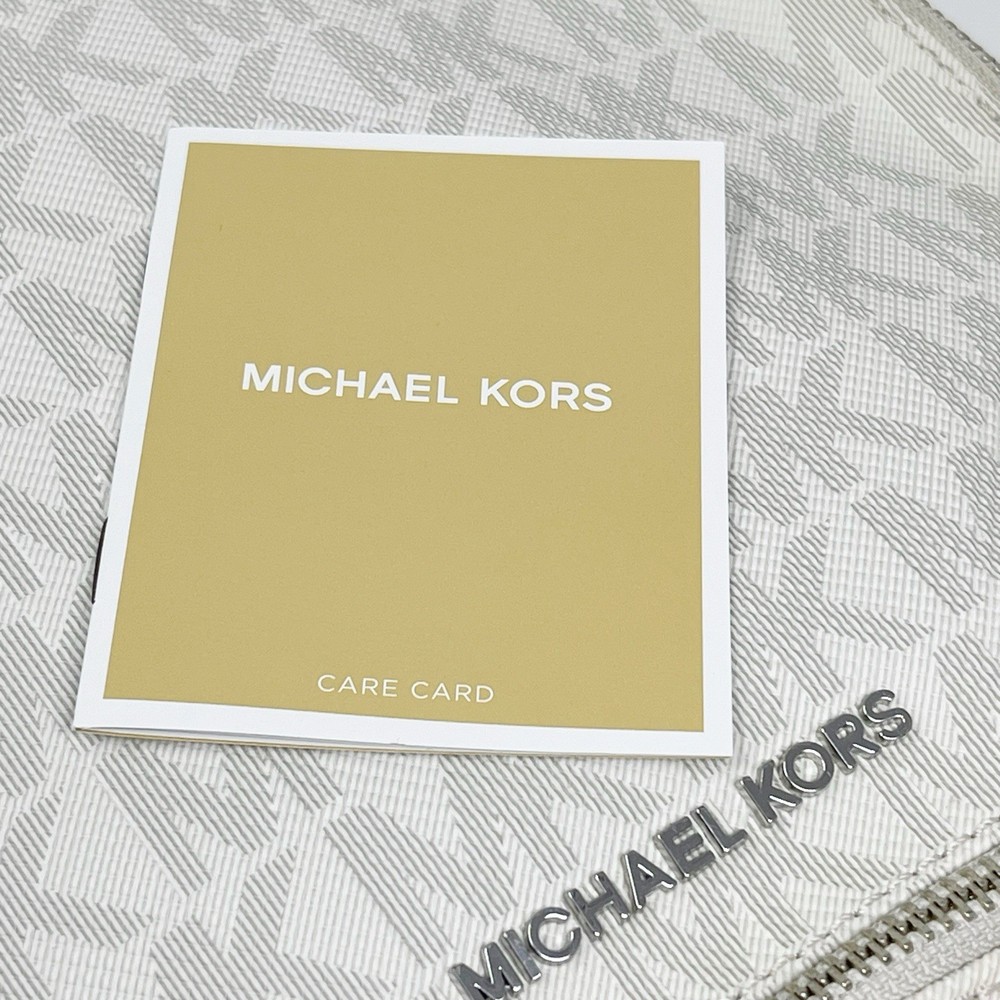 Michael Kors Rhea Medium Signature Logo Backpack Off-White Gray Silver Hardware