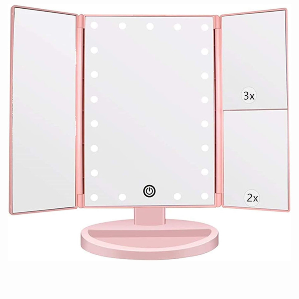 CreateAndBundle Tri-fold Lighted Vanity Makeup Mirror with 3x/2x Magnification