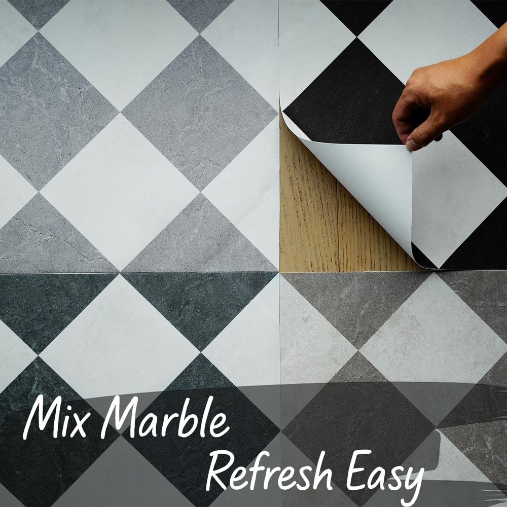 Peel and Stick Floor Tile, Grey Checkered Pattern Continuous Vinyl Roll Floor...