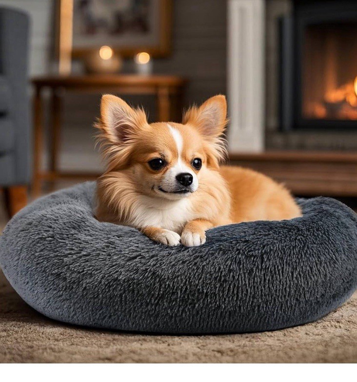 Donut Plush Pet Dog Cat 23" Bed Fluffy Soft Calming Bed Dark Gray