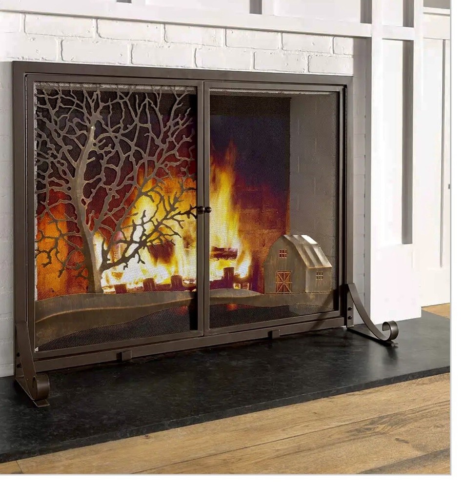 Large Prairie Fire Screen with Two Doors and Pastoral Scene