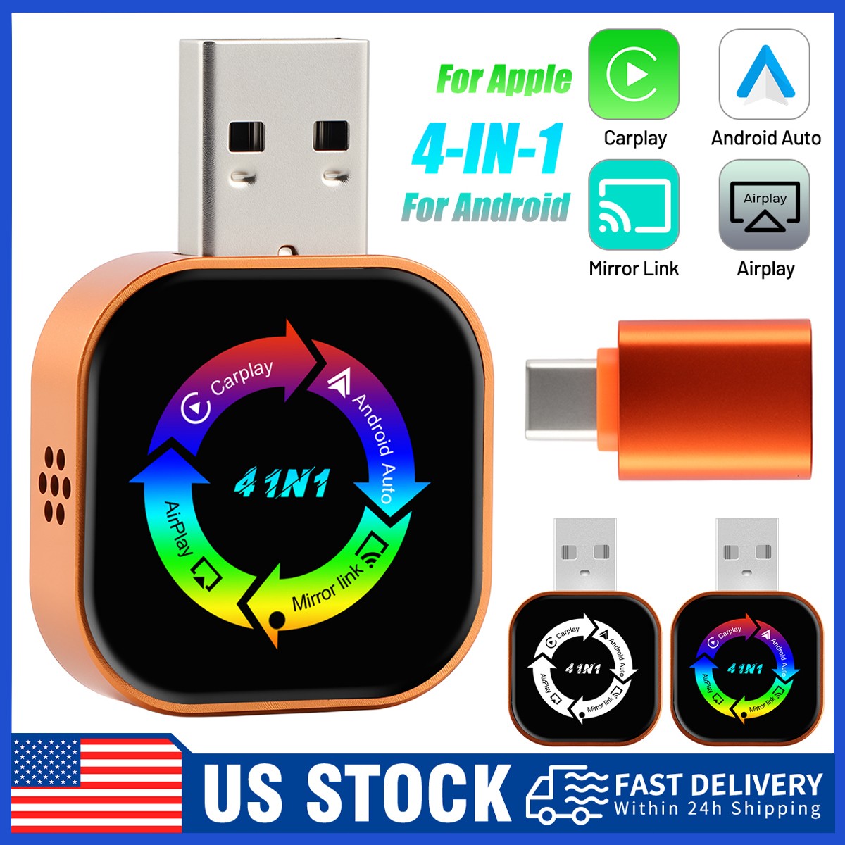 2026 Newest 4 IN 1 CarPlay Adapter Wireless CarPlay Auto Mirror Link Plug & Play