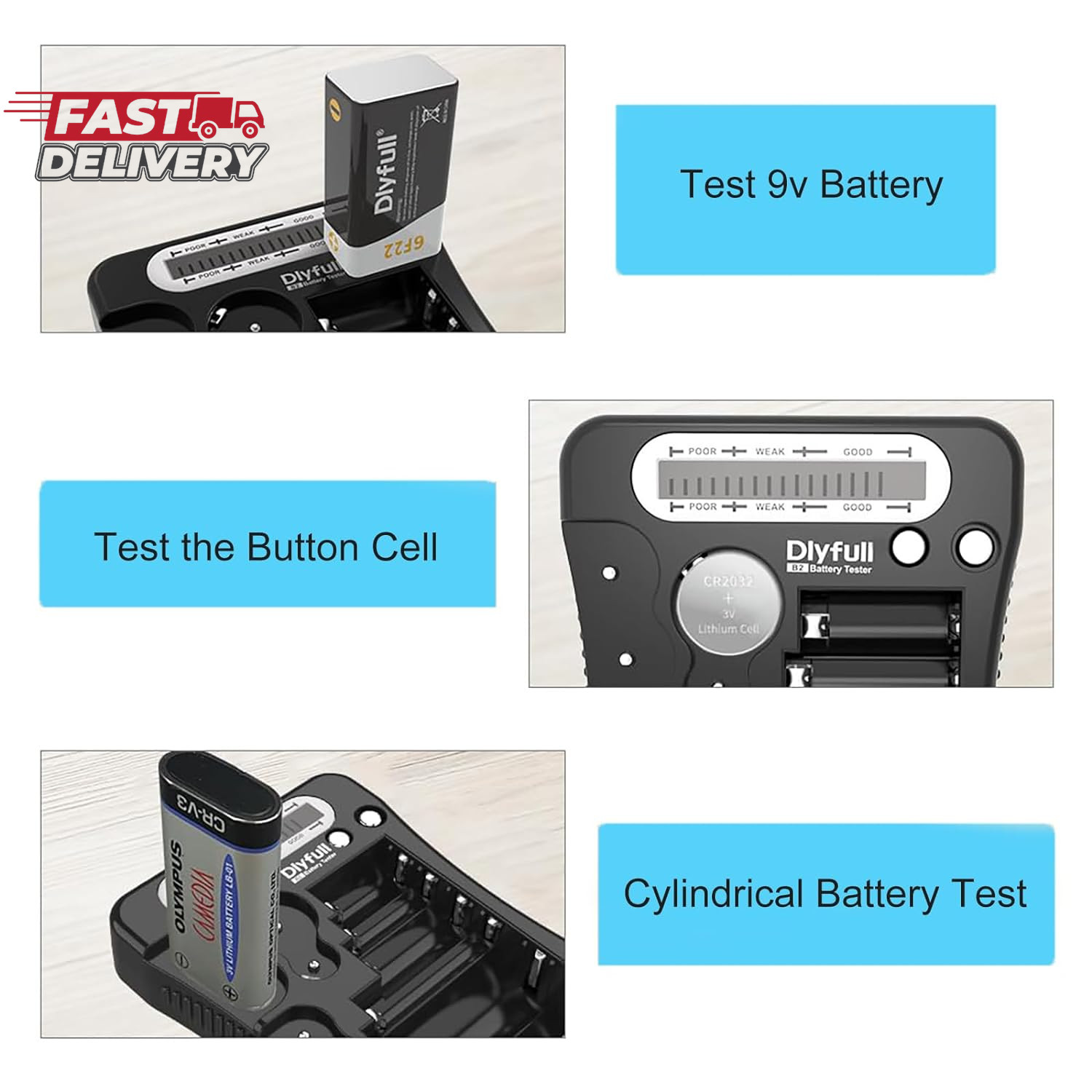 Battery Tester, Dlyfull LCD Display Universal Battery Checker for AA AAA C D 9V