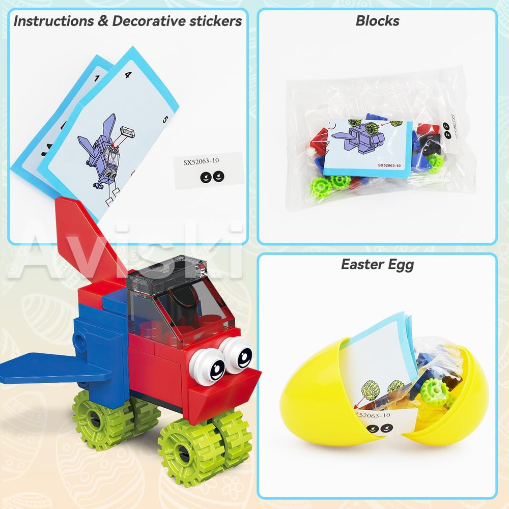 12 Pack Easter Plastic Eggs with Car Building Blocks for Easter Theme Party Favo