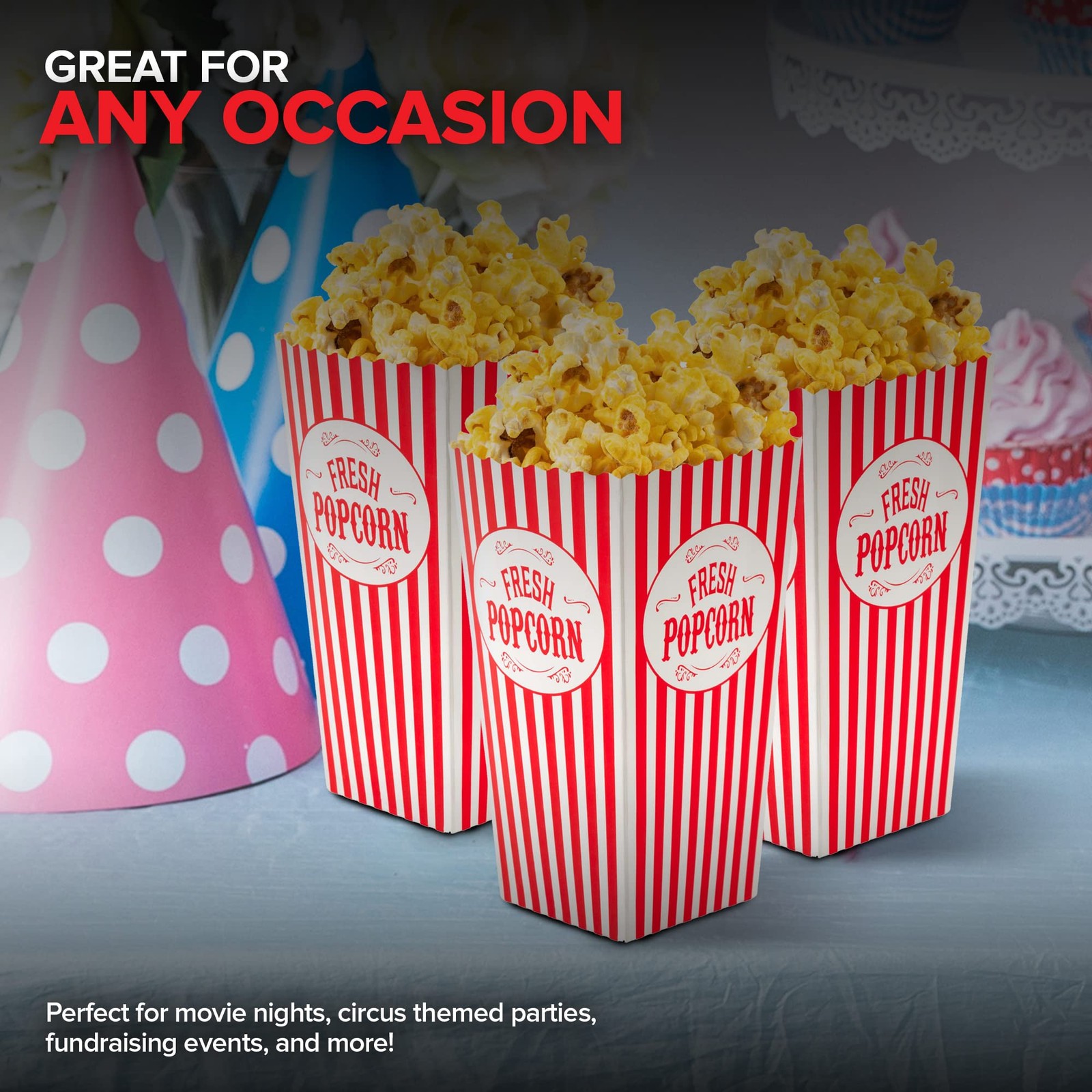 [50 Pack] Movie Theater Popcorn Boxes Disposable Red & White Striped - 30 oz