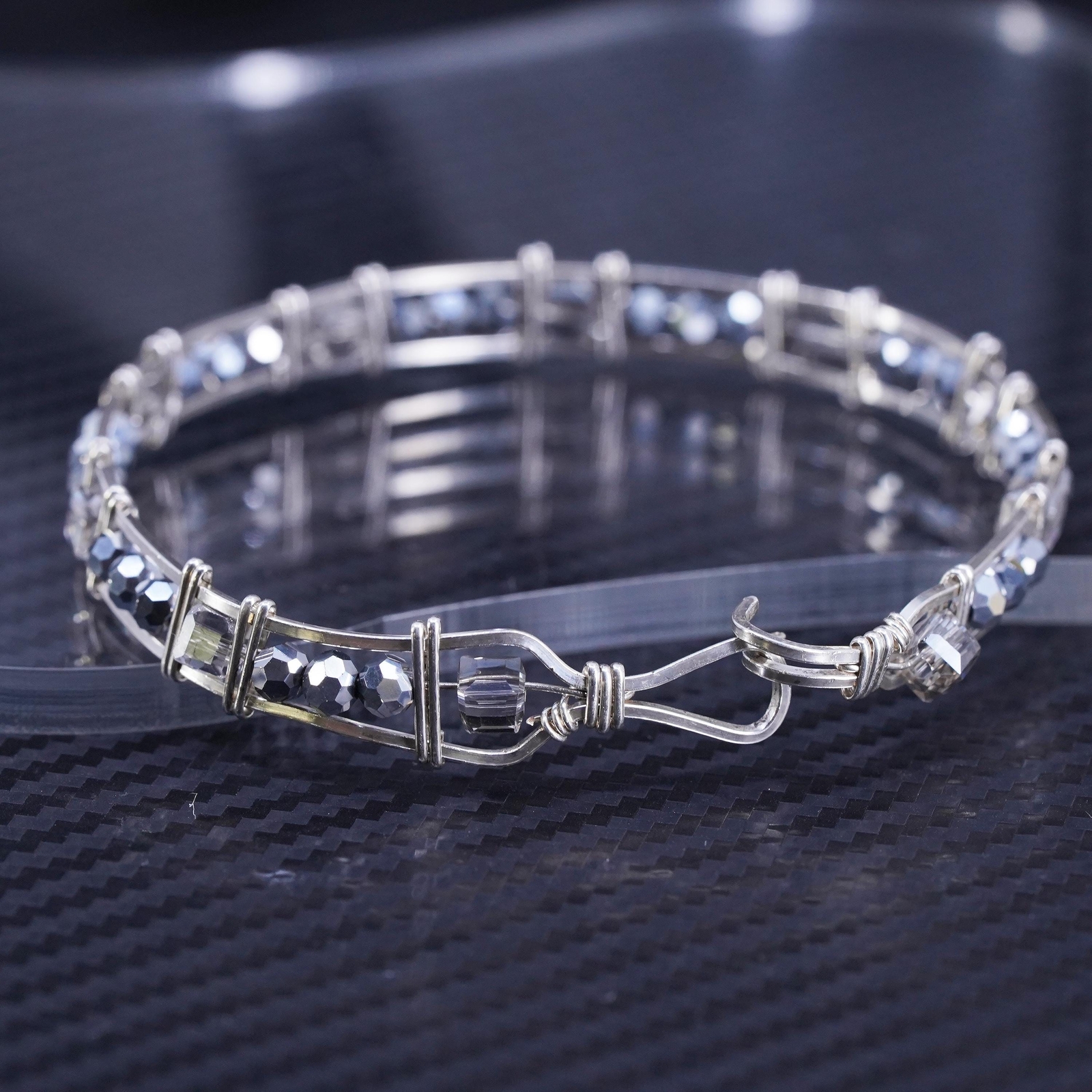 7.5”, Mexican sterling silver wired 925 hinged bangle, bracelet cluster crystal