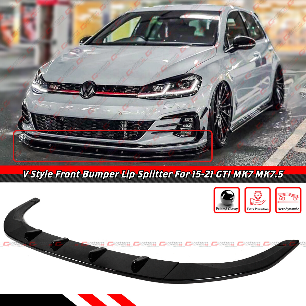 FOR 15-21 VW GOLF R GTI MK7 MK7.5 GLOSS BLACK V STYLE FRONT BUMPER LIP SPLITTER