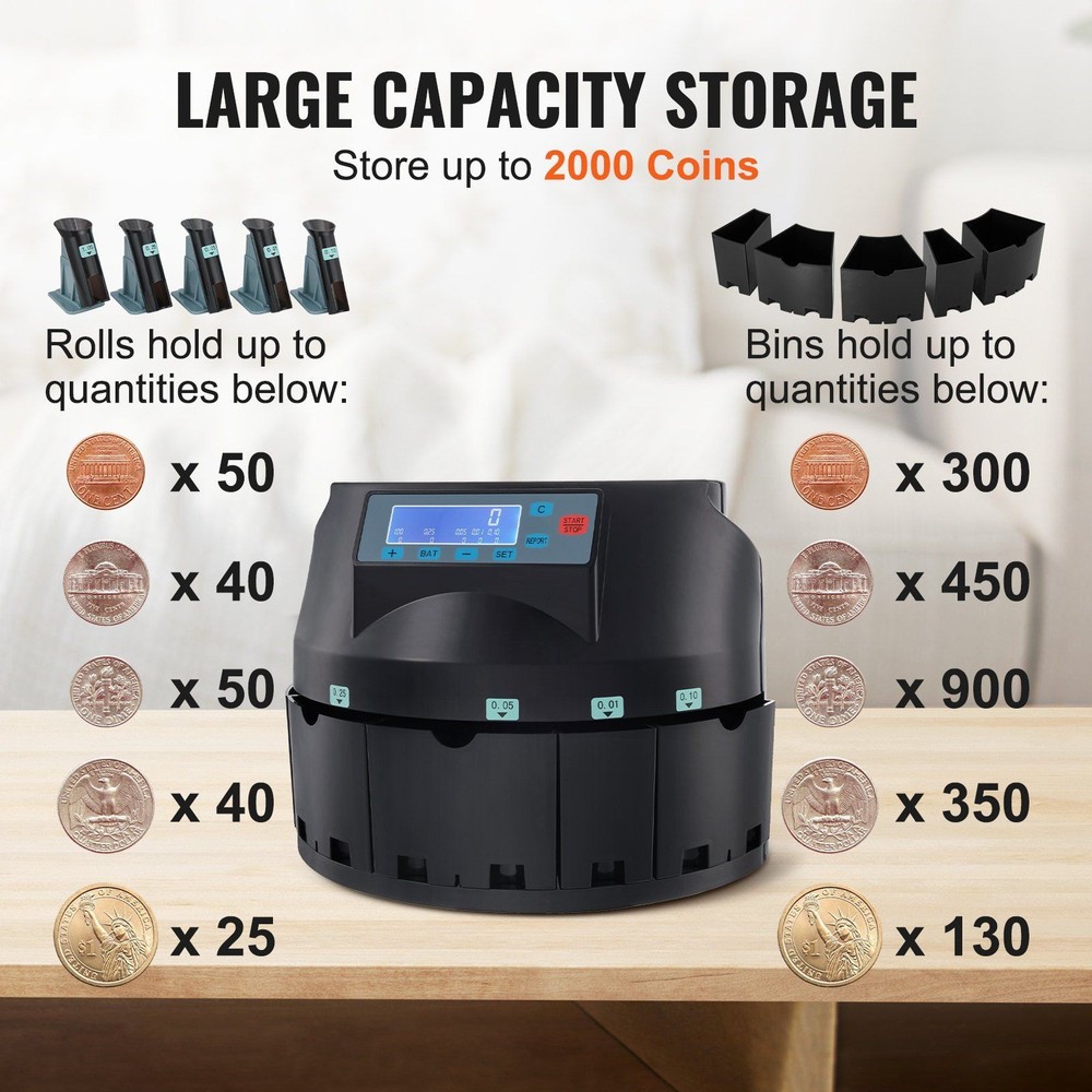 Rapid Coin Sorting Device 300 Coins/min 2000 Storage with LCD