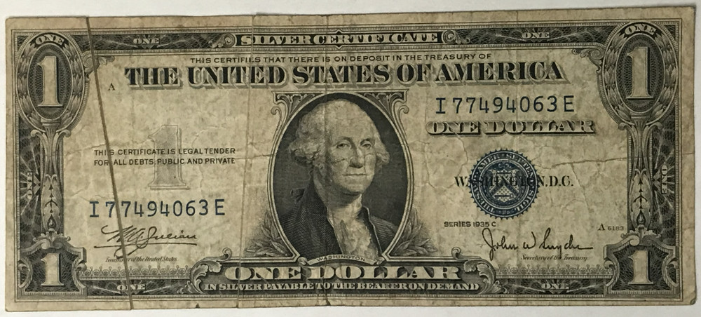 1935-C $1 One Dollar Silver Certificate Double Gutter Fold Printing Error