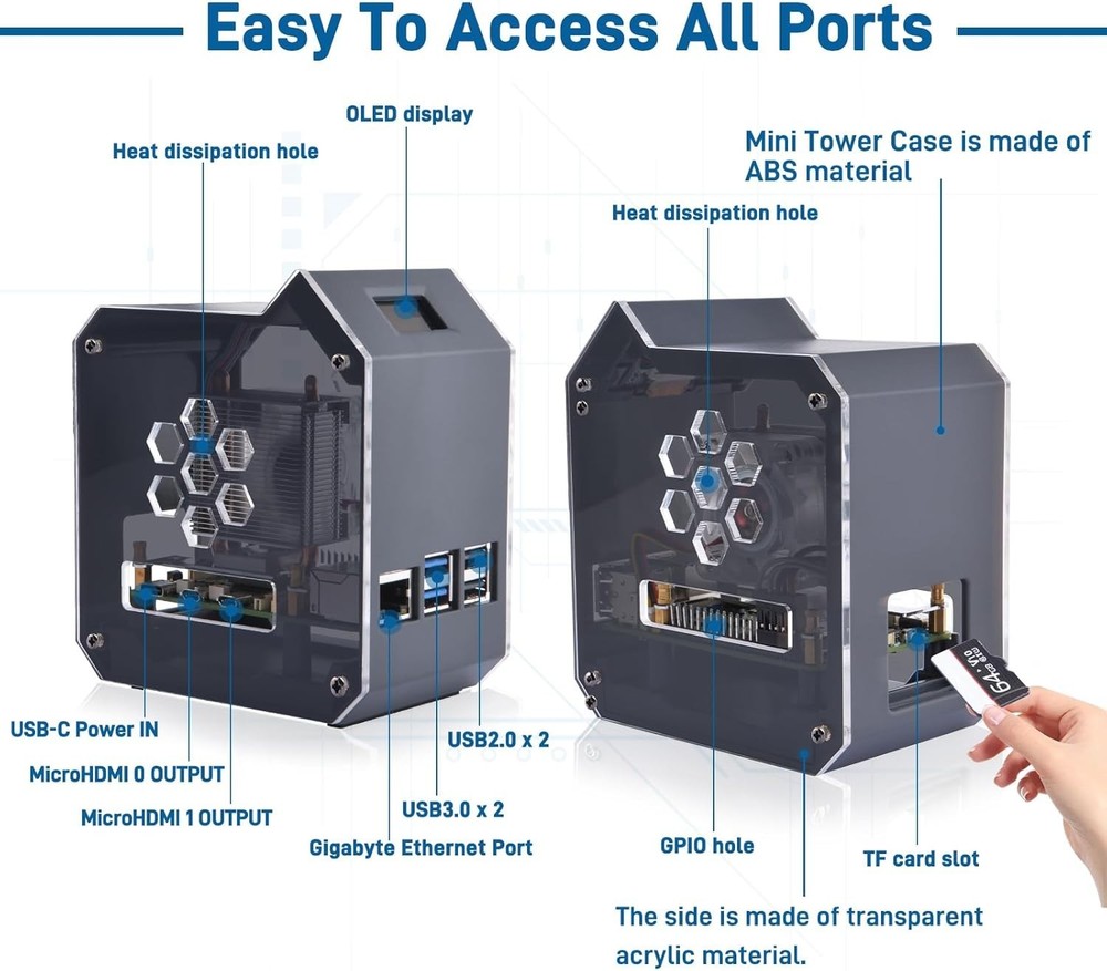 Mini Tower Kit for Raspberry Pi 5, Case with ICE Tower Cooler, 0.96'' OLED Mo...