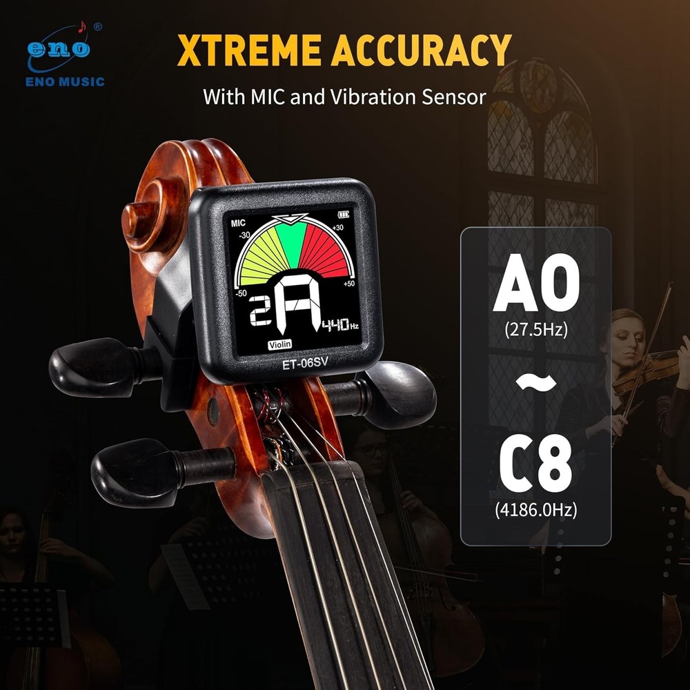 Big Display Rechargeable Clip-On Tuner for String Instruments - Easy to Use