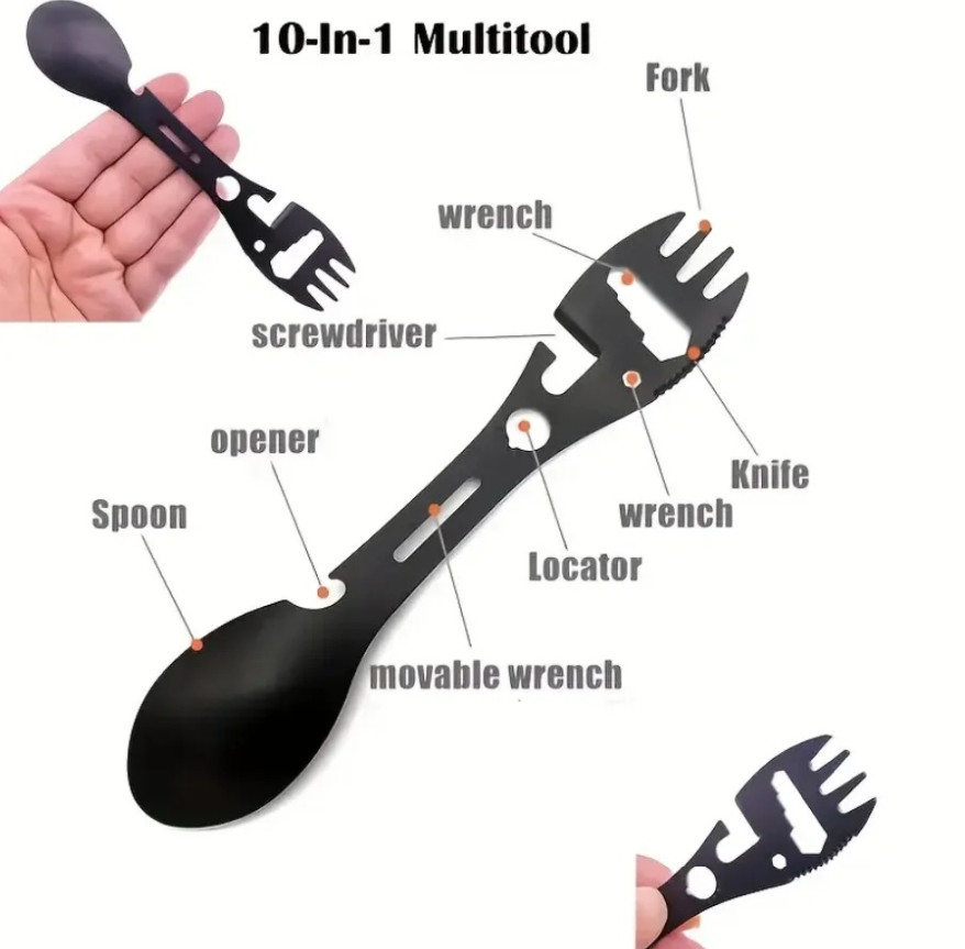 1pc Multifunction Camping Fork Spoon Bottle Opener Survival Tool Black - NEW