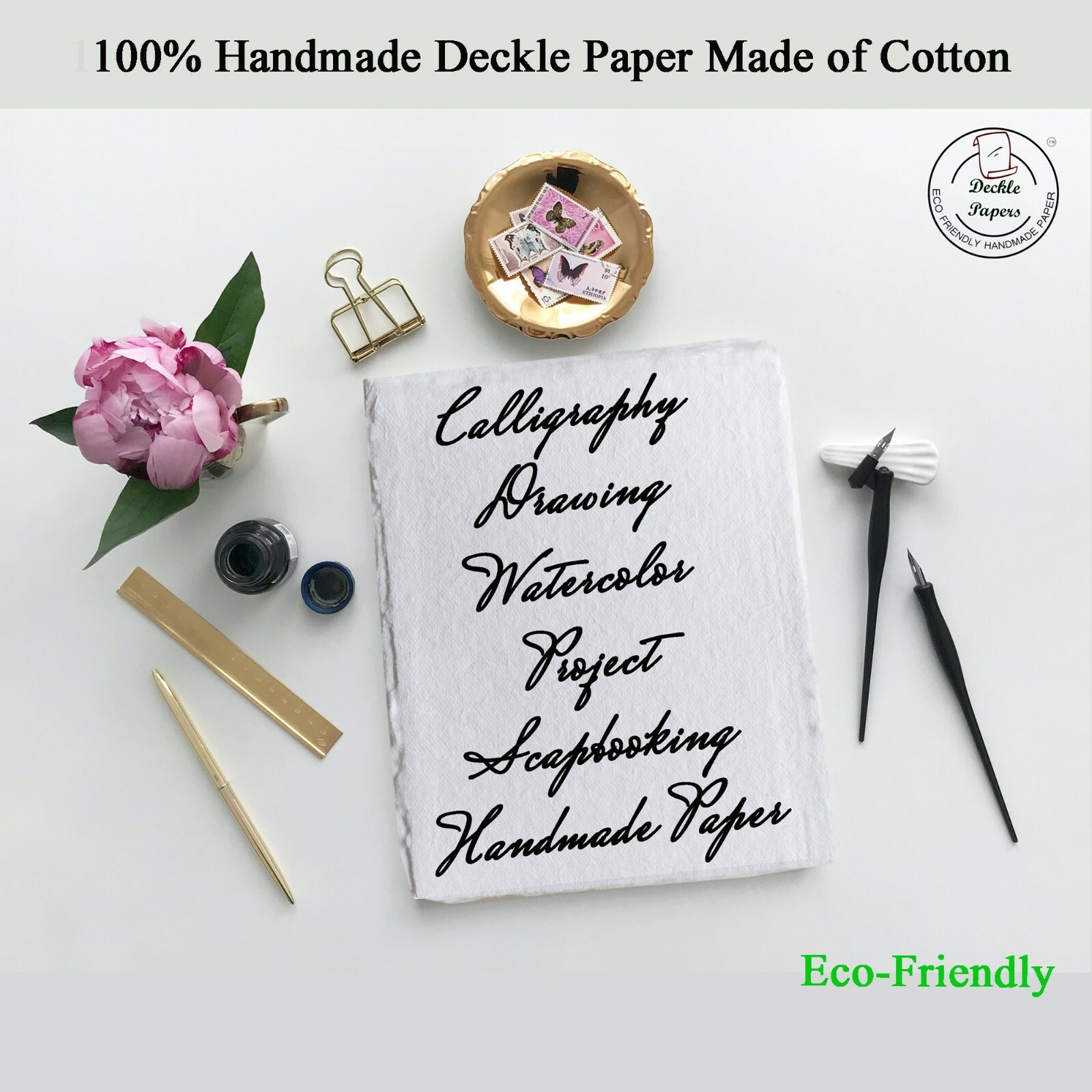 Handmade Paper -100 sheets - All Sizes - WHITE - Deckle Edge - Acid Free Natural