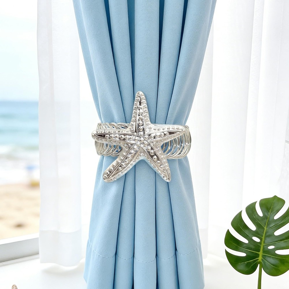 Silver Starfish Curtain Tiebacks, 2 Pack Adjustable No Drill Curtain Holdback...