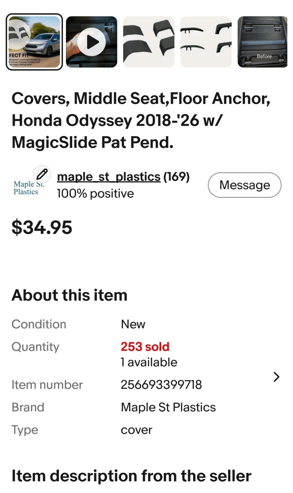 Covers, Middle Seat,Floor Anchor, Honda Odyssey 2018-'26 w/MagicSlide Pat Pend.
