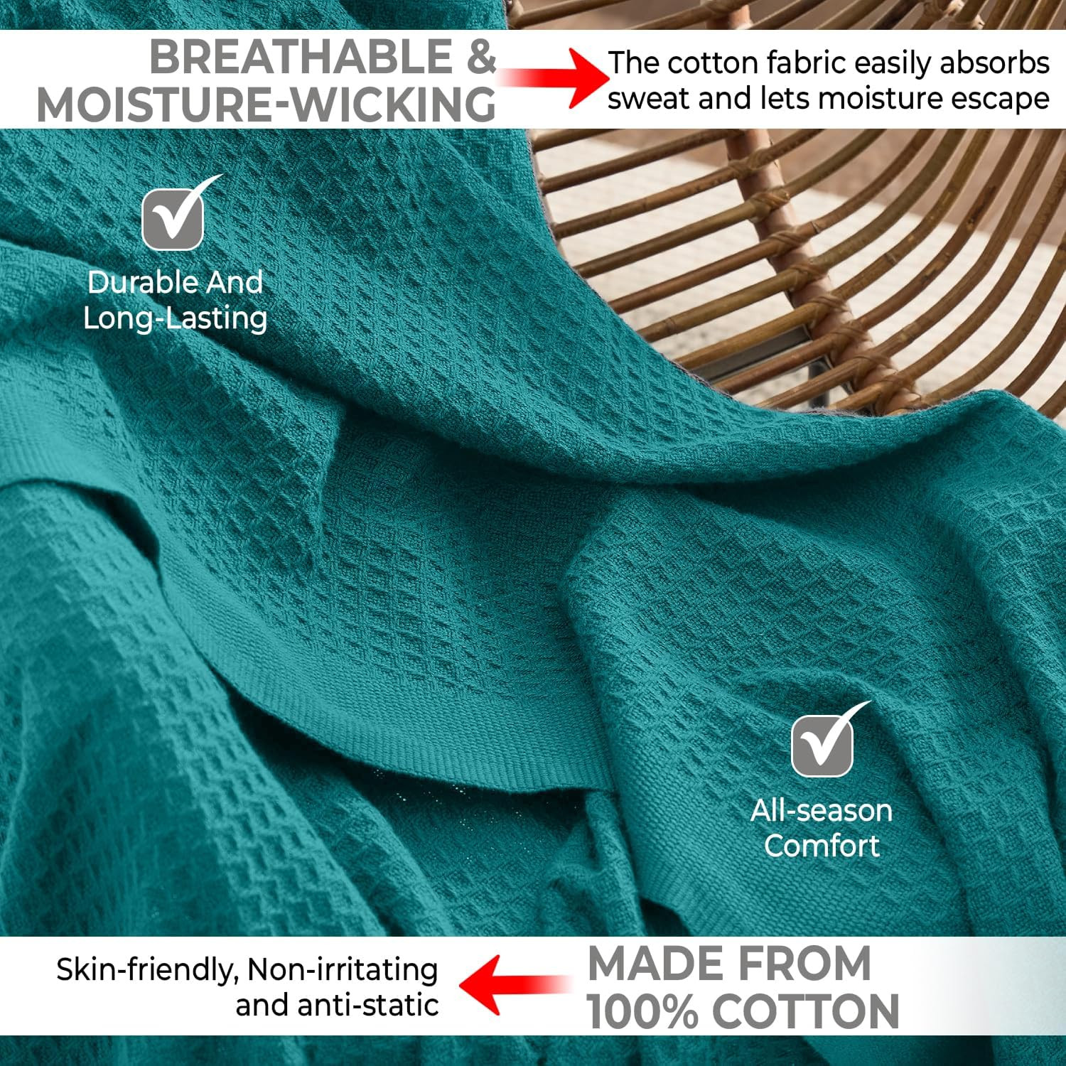 100% Cotton Waffle Weave Blanket Lightweight Soft Teal Throw 50 x 60