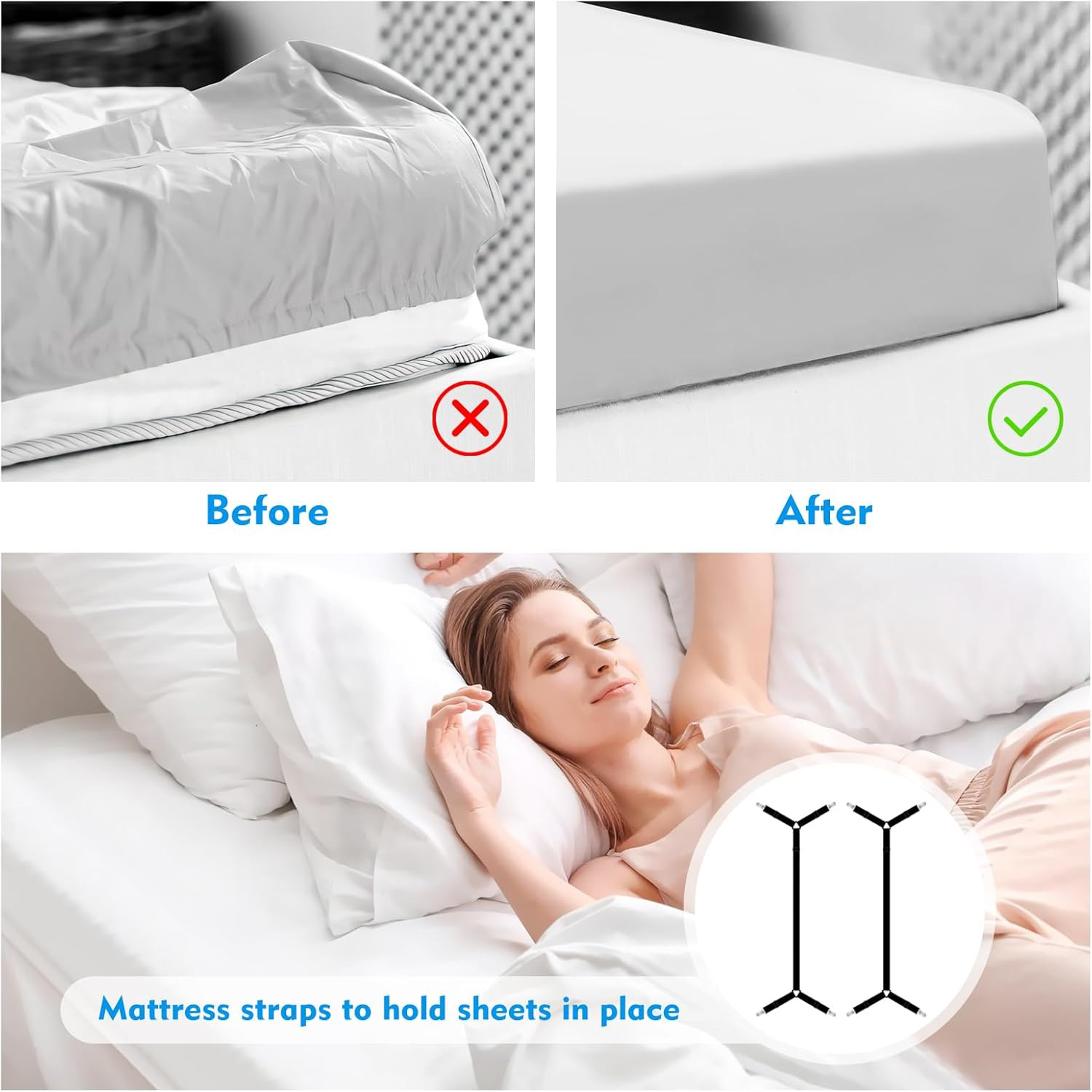 Bed Sheet Straps, 2Pcs Elastic Adjustable Bed Sheet Holder Straps, Fitted Sheet