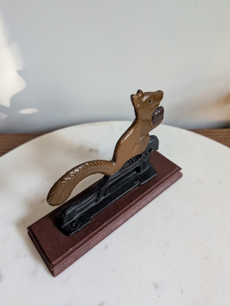 Vintage Squirrel Metal Nutcracker Wood Base Hand Painted