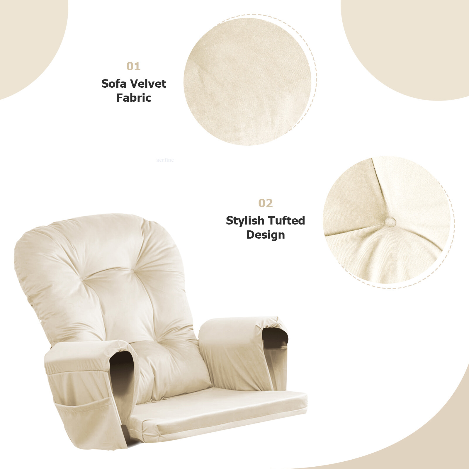 Velvet Glider Rocker Replacement Cushions w/ Storage 5Pcs Back/Seat/Ottoman/Arms