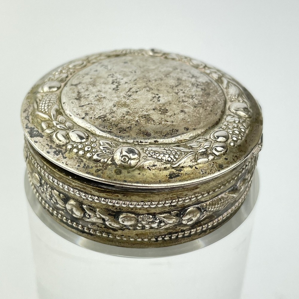 Antique Probably German Solid 800 Silver Trinket Box Fruit & Veg Scroll 4.2cm