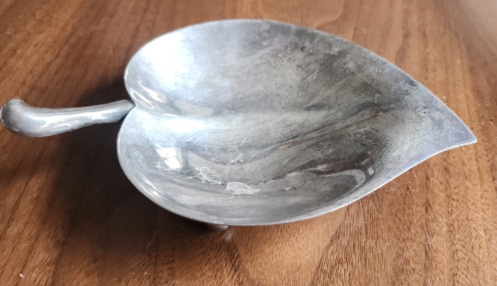 Vintage Silver Plate Leaf Dish Candy Fruit Olive Nut Plate Footed Antique