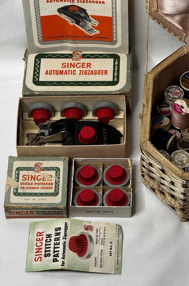 VTG Sewing Notions Lot Octagonal Basket Button Jars Thread & Seger Zigzager