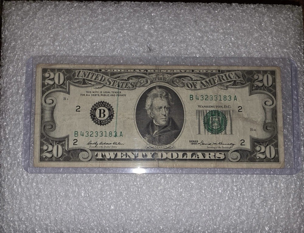 Printing Error 1969 $20 Bill Green Line On Front Error