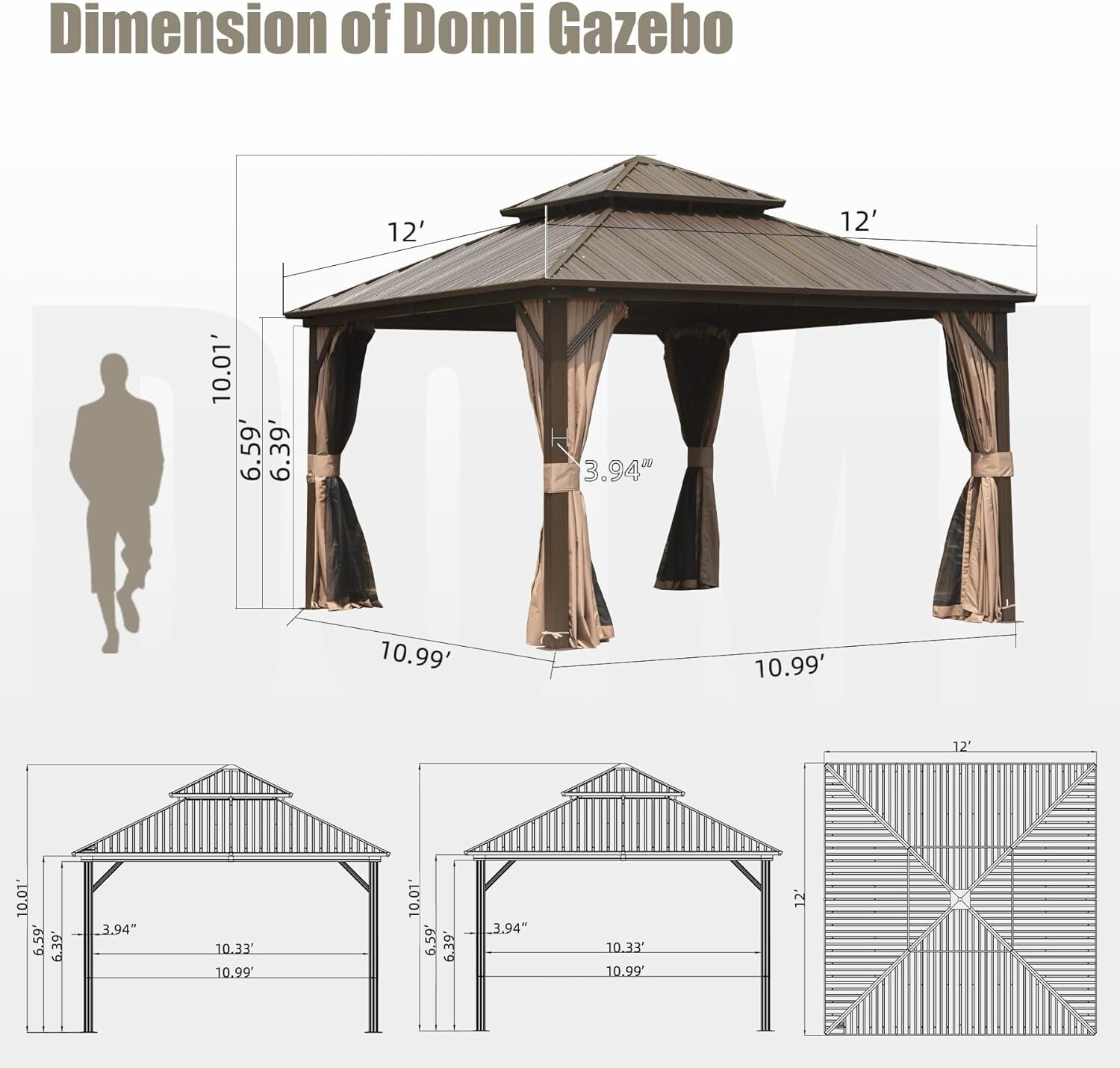 Domi 12’ x 12’ Hardtop Gazebo Outdoor Aluminum Gazebo w/Curtain and Net, Brown