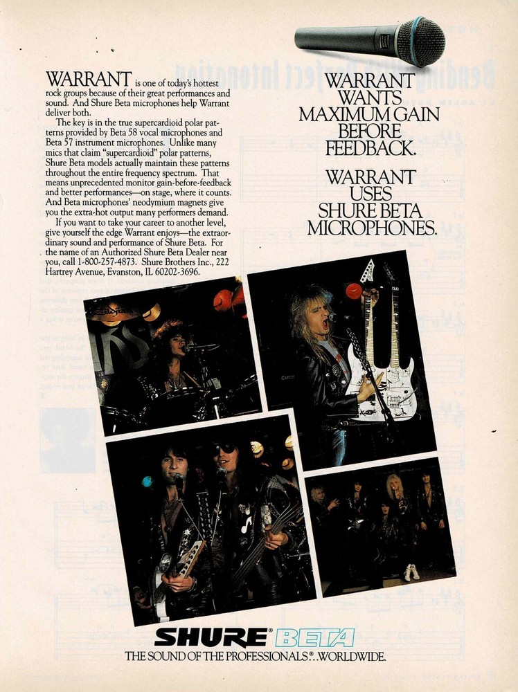 SHURE MICS - WARRANT - 1991 Print Advertisement