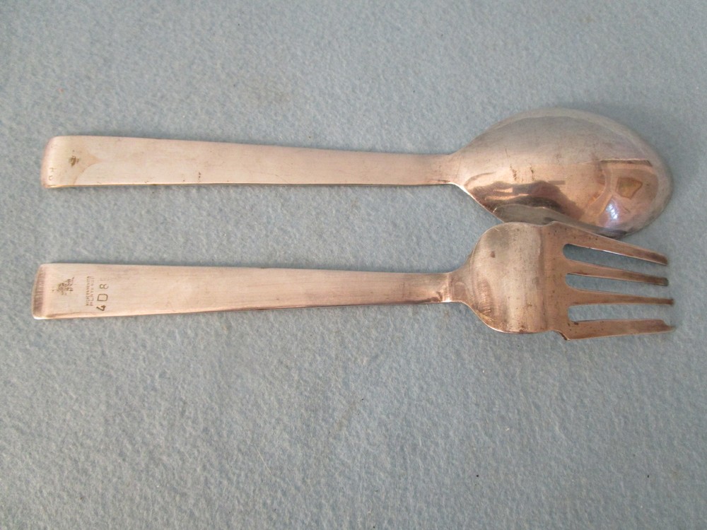 SALAD SERVER SPOON & FORK (silverplate w/ gold trim) MEXICO 4D85 modern utensil