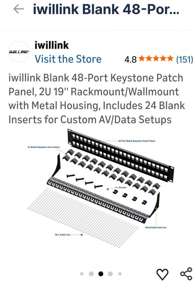 iwillink 48-Port Keystone Patch Panel 2U 19" Rackmount w/ 24 Blank Inserts