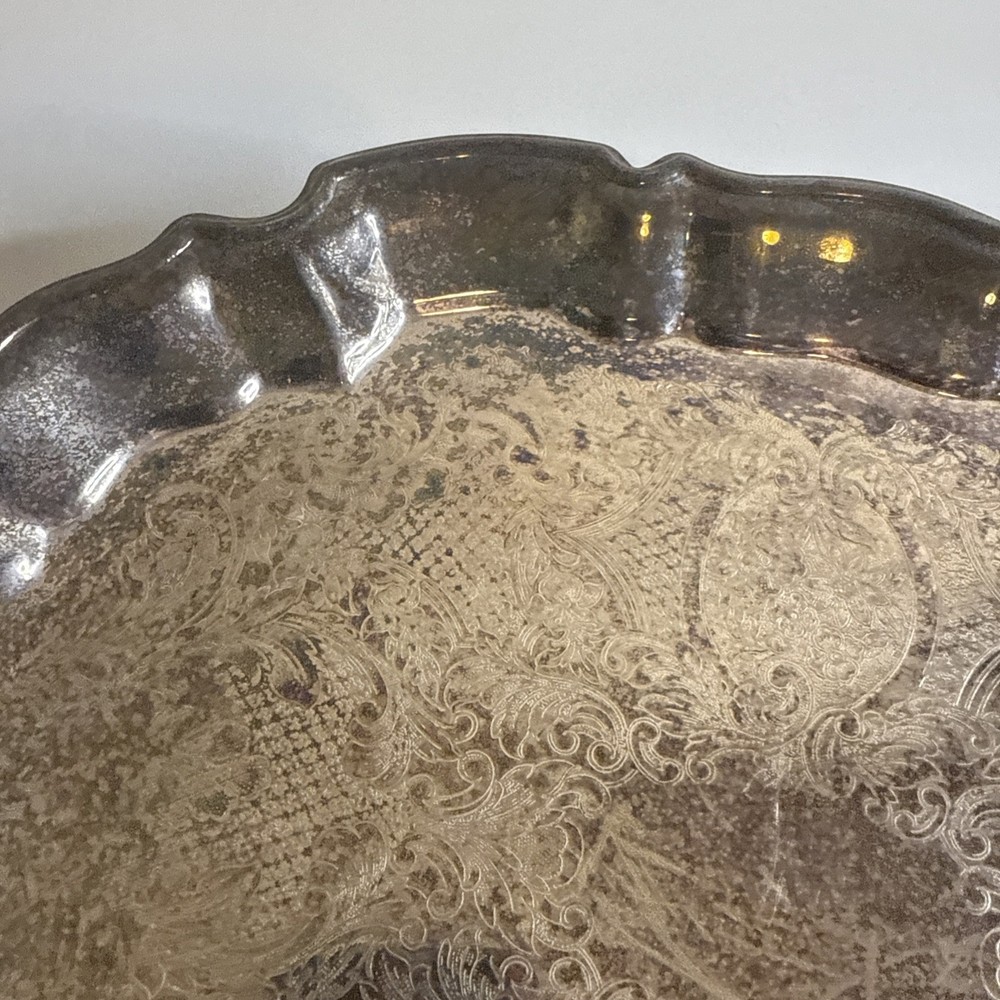 Vtg Silver Platter Tray Etched Scrollwork Footed Serving Leonard Silver