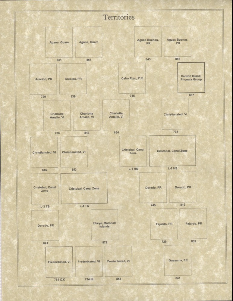 Territories Precancel Town & Type 3 Pages in Sheet Protectors