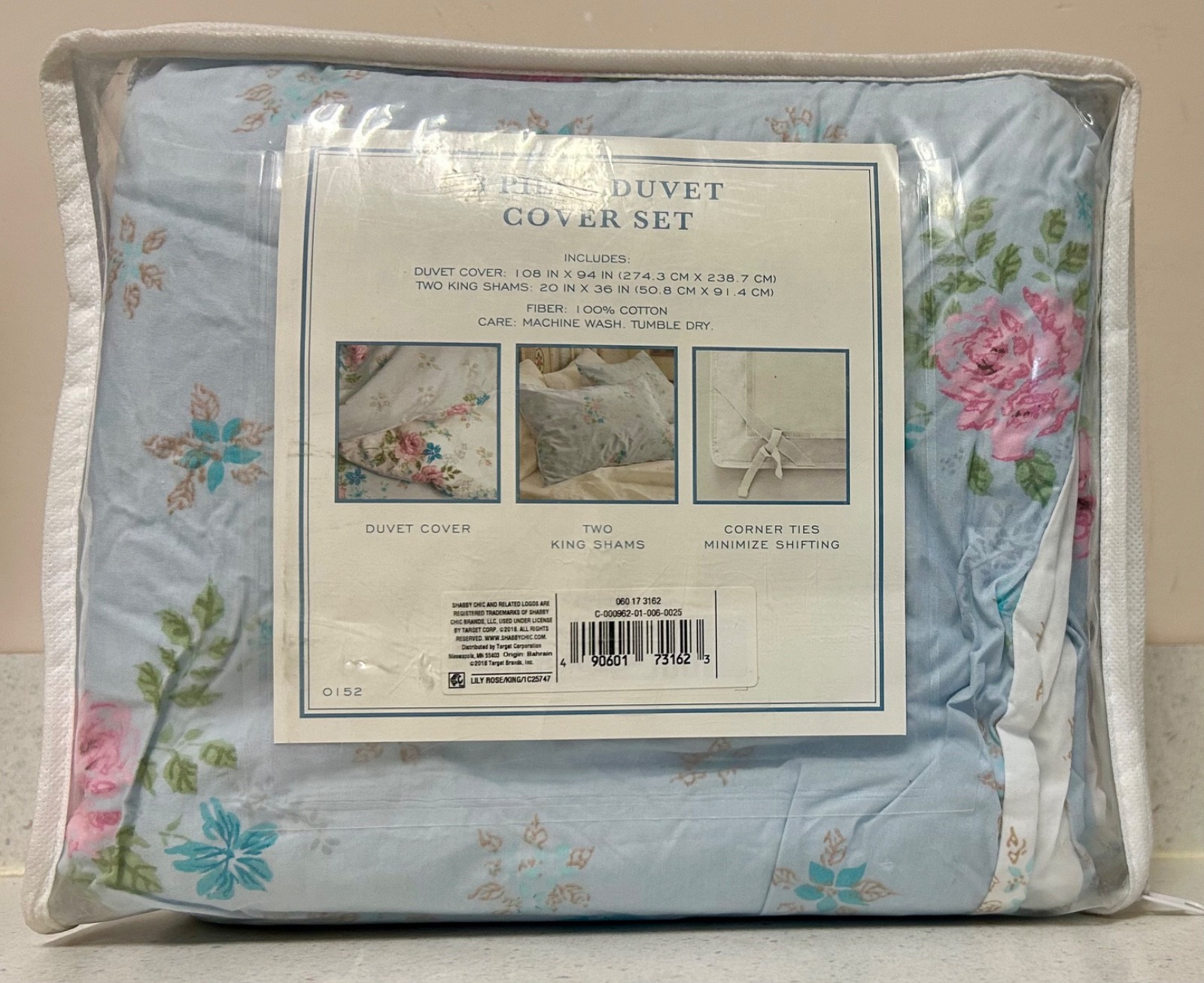 Simply Shabby Chic 100% Cotton Duvet Set- KING-New Lily Rose Blue Pink White