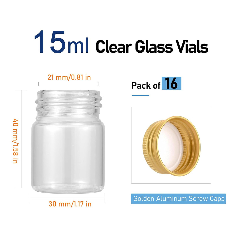 16Pcs 15Ml(0.5 Oz) Empty Tiny Jars Small Glass Vials with Lids Lab Sample Vials