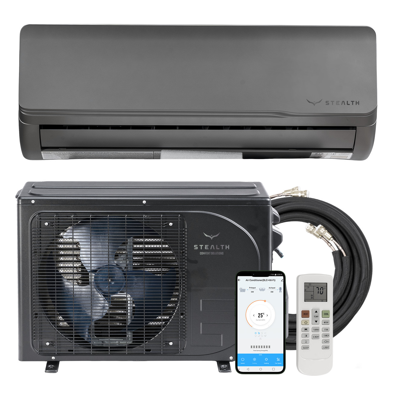 Stealth 12000 BTU Solar Mini Split Heat Pump System & R32 16' AC Kit, 22.5 SEER2