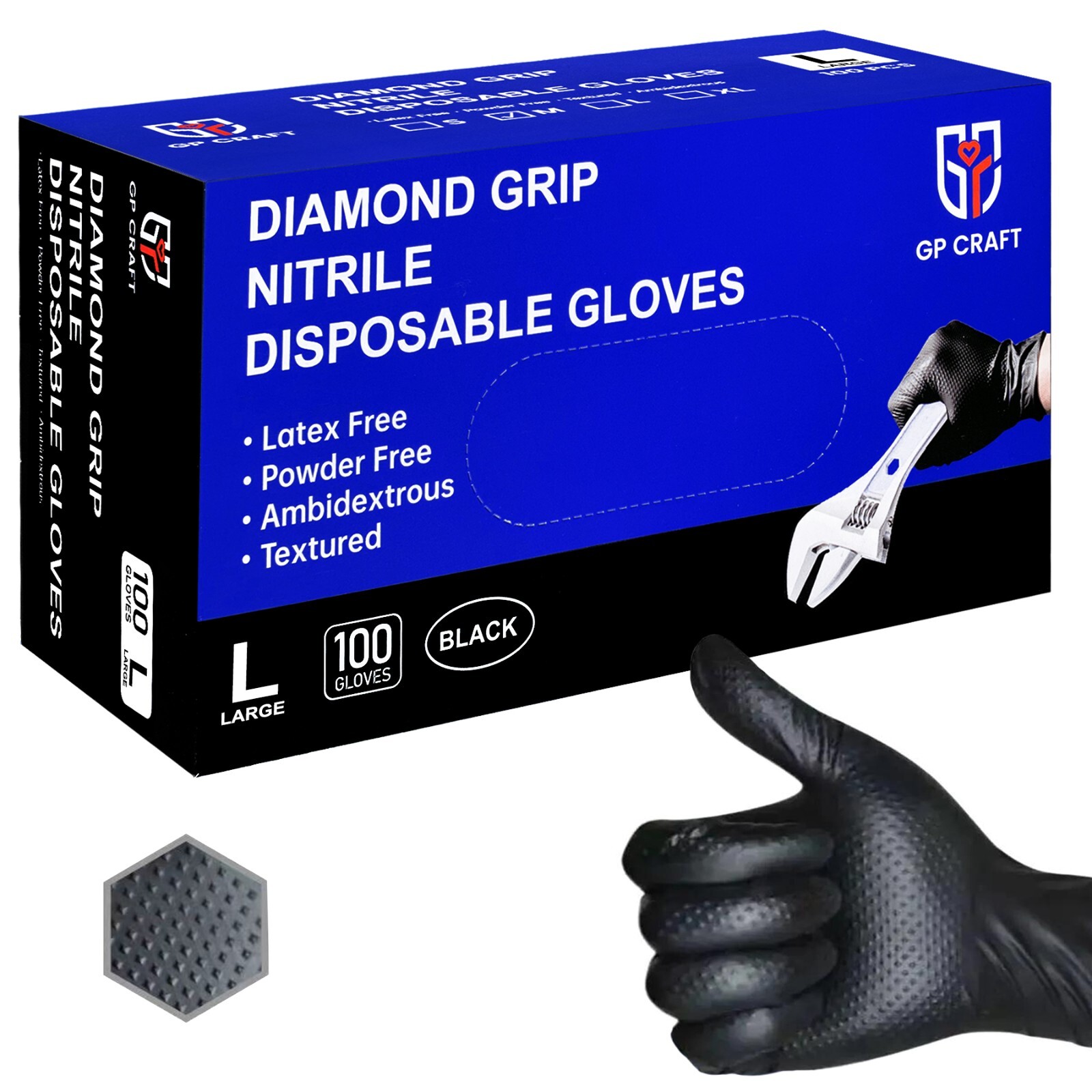 GP Craft Black Nitrile Gloves Diamond Grip 8Mil Disposable Latex Free 1000/Case
