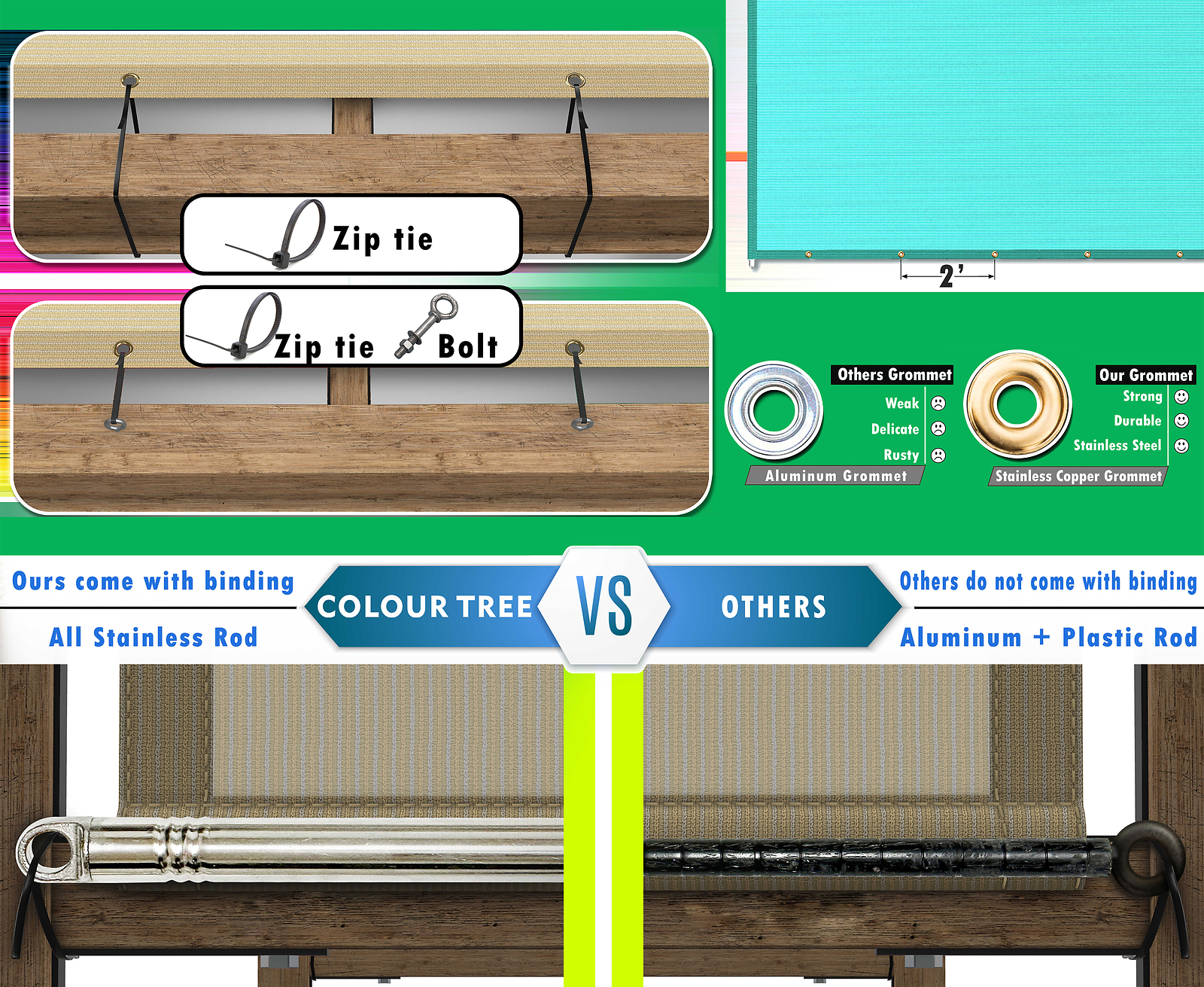 ColourTree Pergola Sun Shade Cover Universal Replacement Canopy w/ Rods, Black