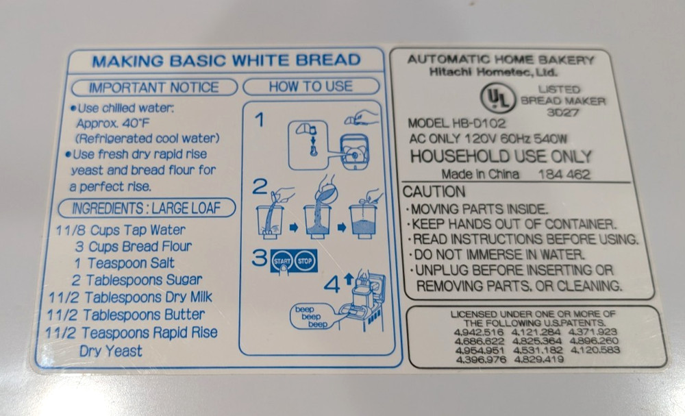 Hitachi Automatic Bread Maker Machine HB-D102 | Tested | Missing Paddle