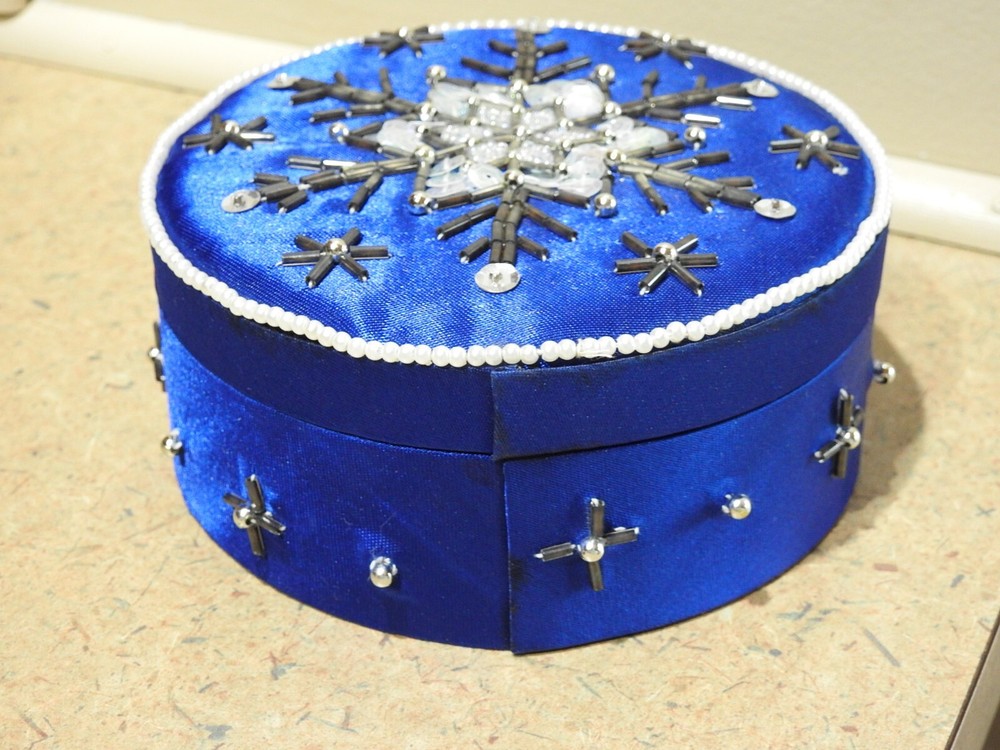 Vintage Fabric Powder Puff Container, Trinket Box, Vanity Display